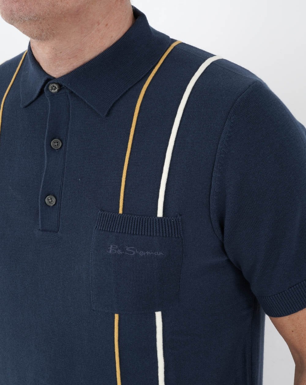 Ben Sherman Minimal Mod Stripe Knit Polo Shirt Blue - Image 2
