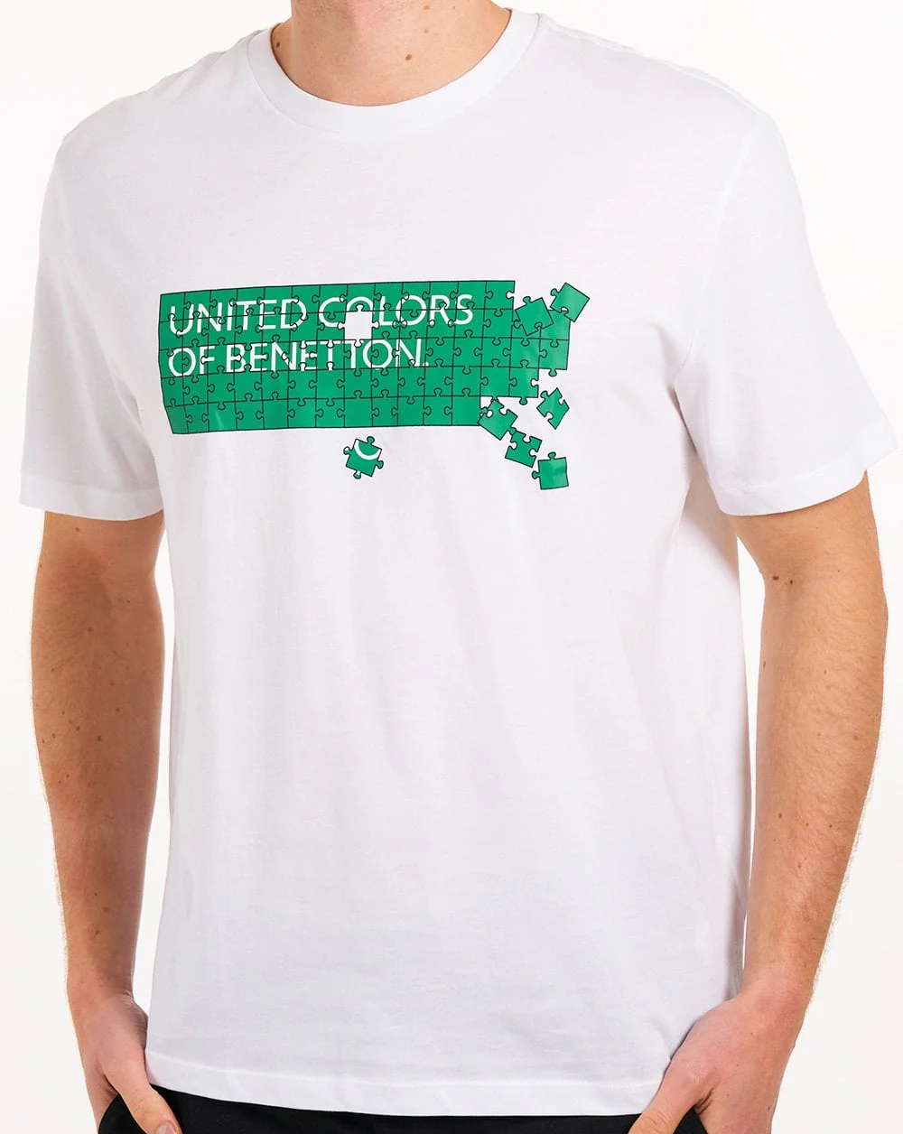 Benetton Jigsaw Logo T Shirt White/Green - Image 2