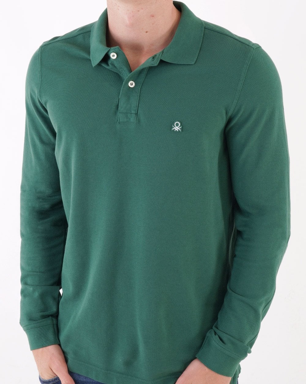 Benetton Long Sleeve Polo Shirt Dark Green - Image 4