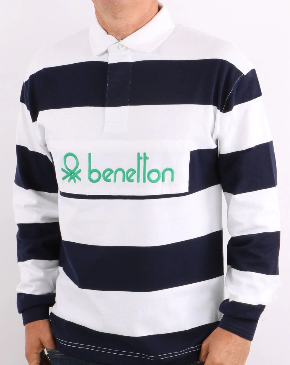 Benetton Striped Rugby Shirt Navy/White