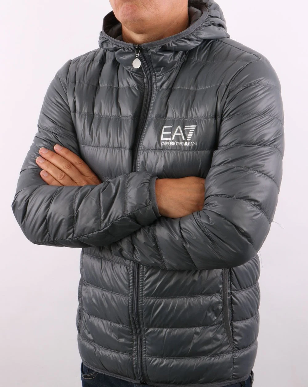 EA7 Core Logo Down Hooded Jacket Charcoal Grey - Image 4