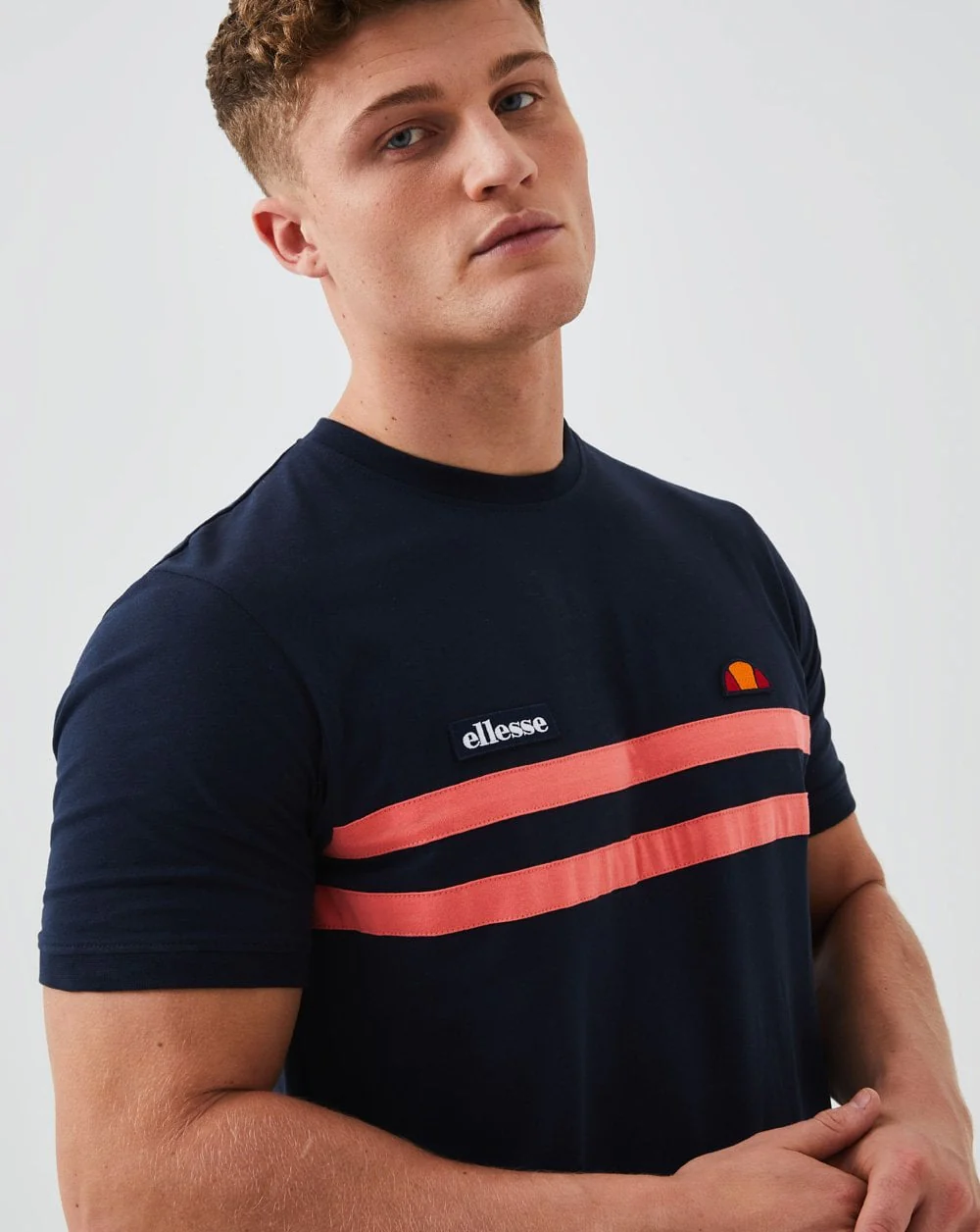 Ellesse Two Stripe T Shirt Navy/Coral - Image 2
