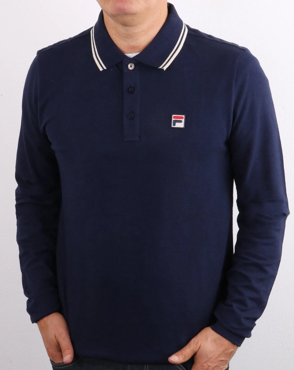 Fila Vintage Tipped Long Sleeve Polo Shirt Navy/white