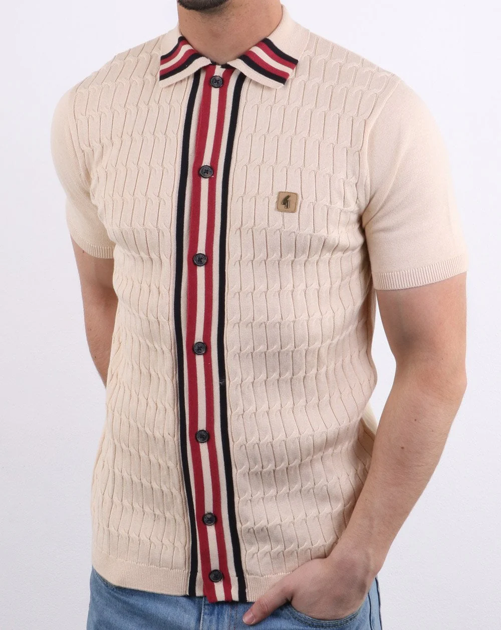 Gabicci Vintage Danecroft Cable Knitted Polo Oat - Image 2