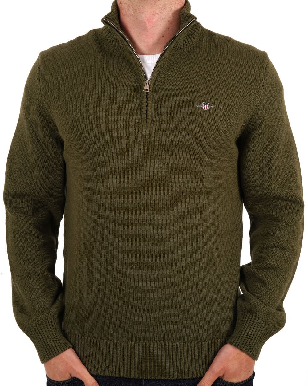 Gant Cotton Half Zip Sweater Olive Green - Image 3