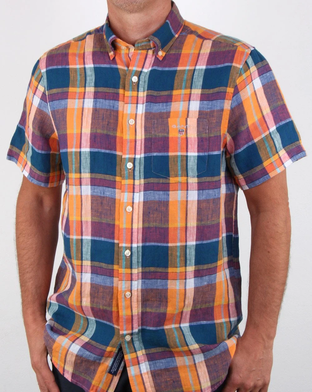 Gant Linen Madras Short Sleeve Shirt Orange