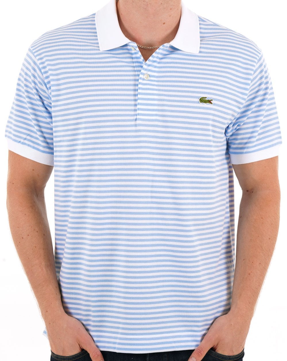 Lacoste Fine Stripe Polo Shirt White/Sky Blue - Image 3