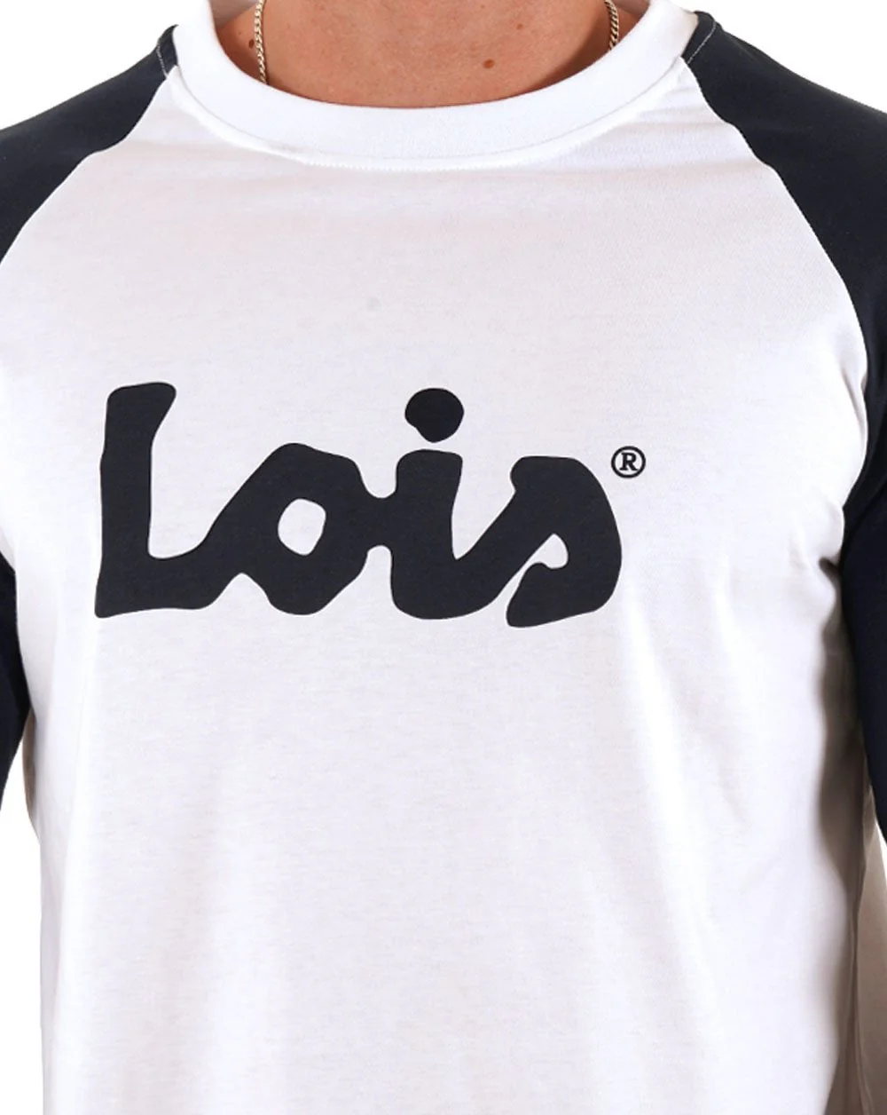 Lois Raglan LS Logo T Shirt White/Navy - Image 2