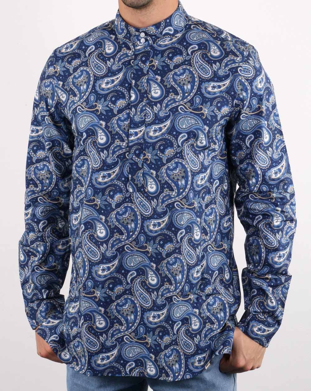 Pretty Green Mens Paisley Print Kaftan Shirt Navy