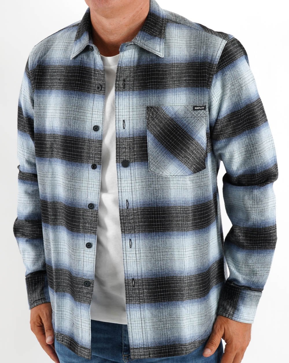 Replay Checked Flannel Shirt Black/White/Blue - Image 2