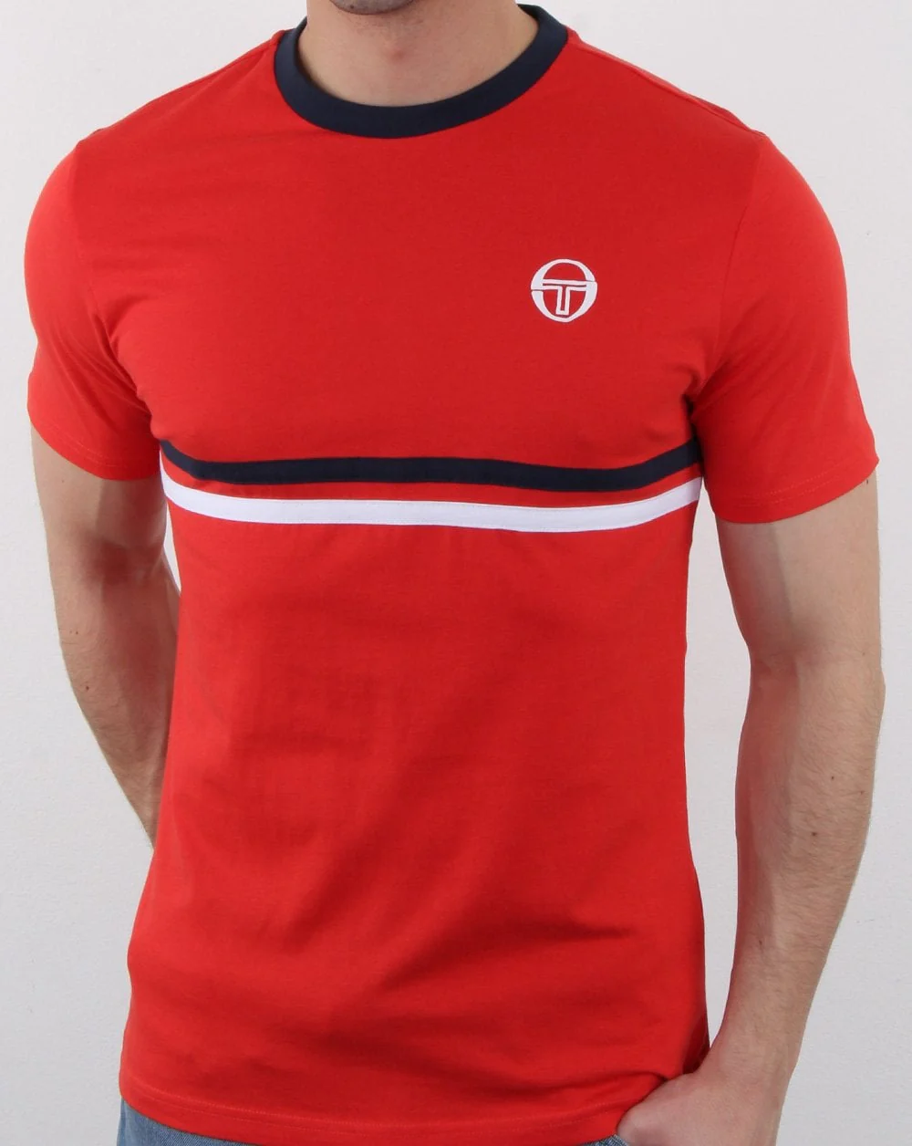 Sergio Tacchini Two Stripe T Shirt Vintage Red/Navy - Image 2