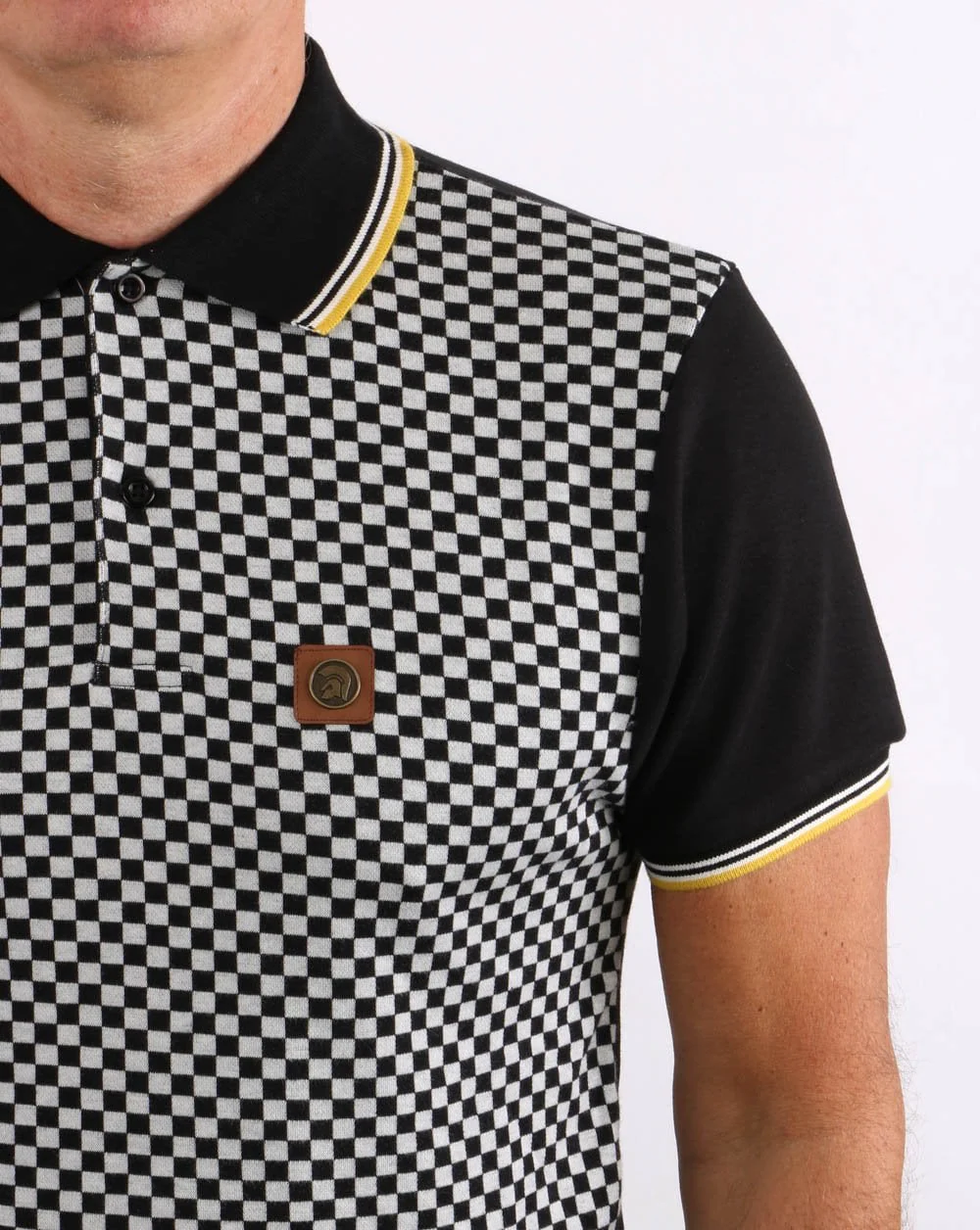 Trojan 2 Tone Chequerboard Polo Shirt Black - Image 3