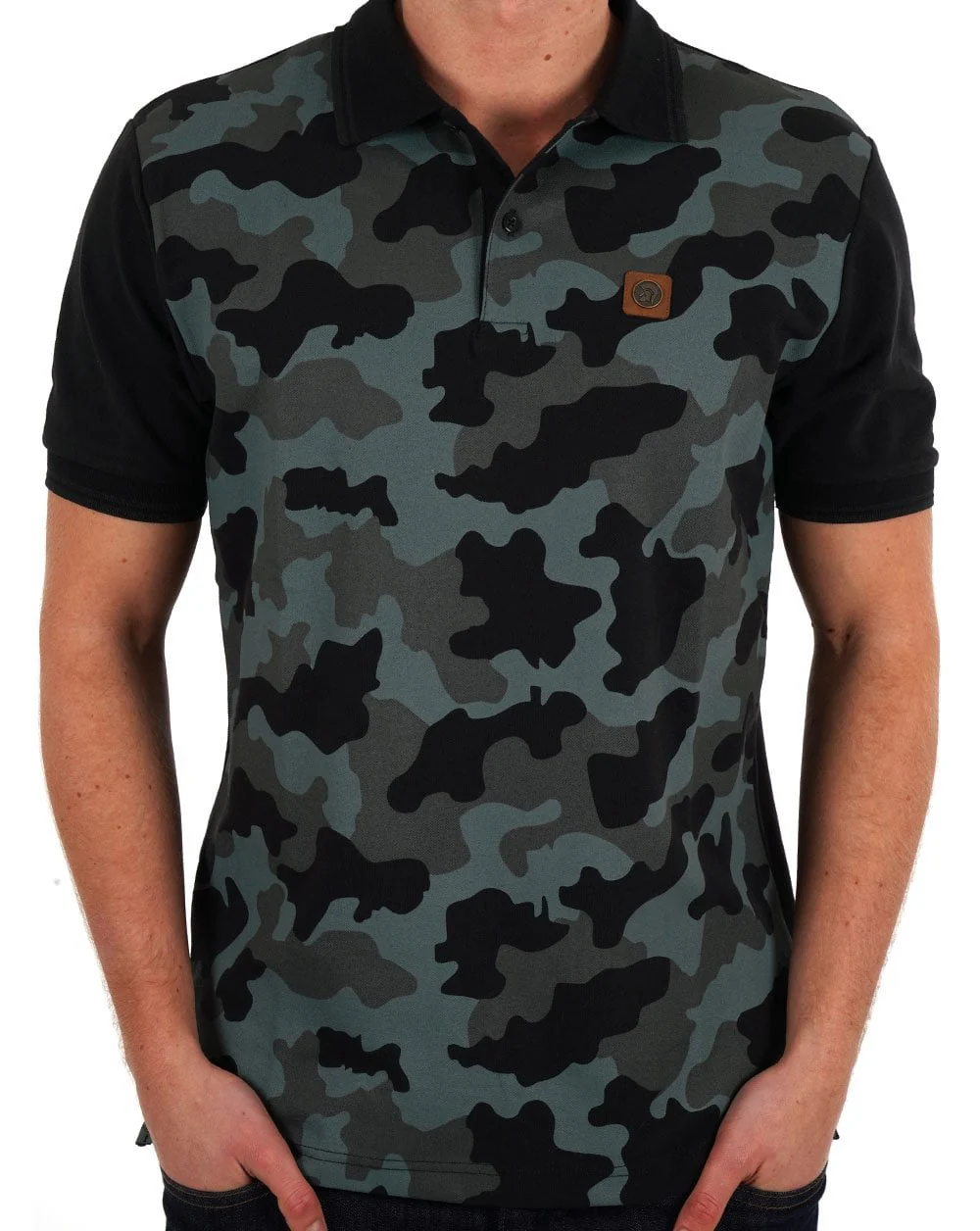 Trojan Camo Panel Pique Polo Shirt Black - Image 3