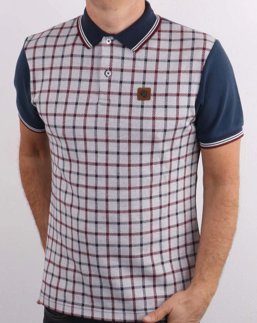 Trojan Check Panel Polo Shirt Navy - Image 3