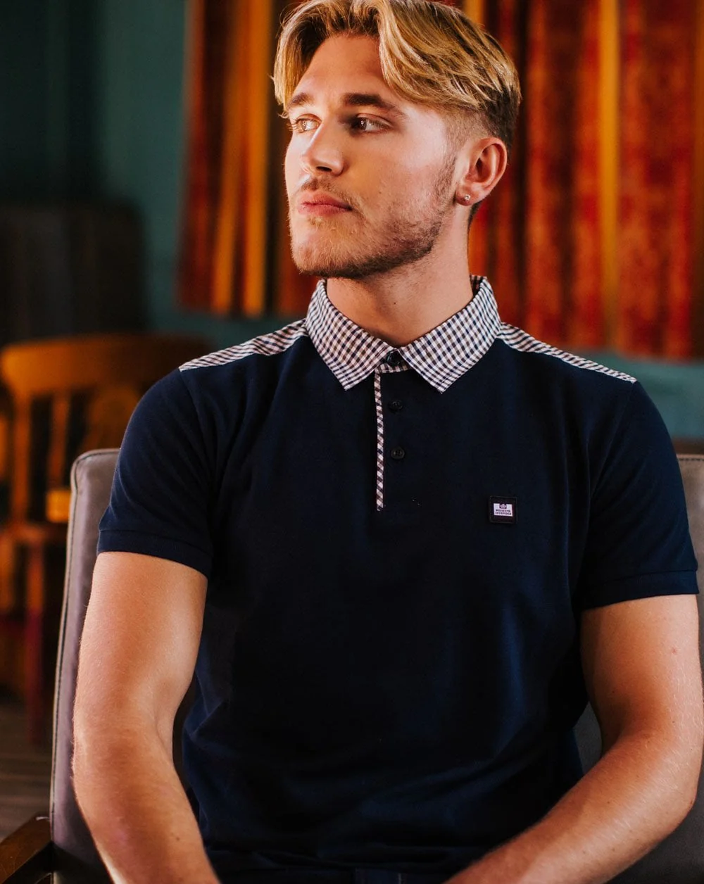 Weekend Offender Check Collar Polo Shirt Navy - Image 3