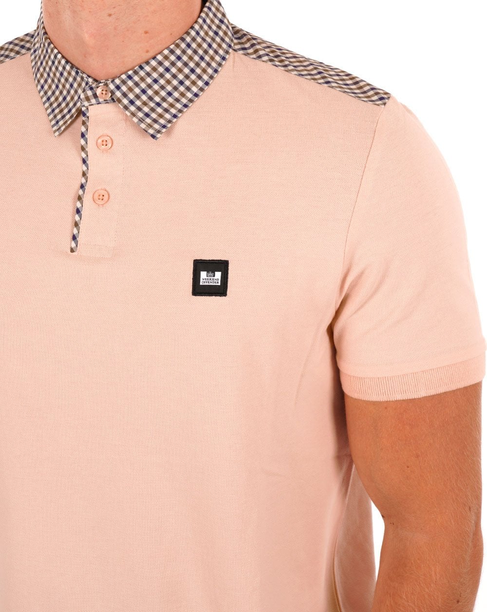 Weekend Offender Check Collar Polo Shirt Soft Peach - Image 2